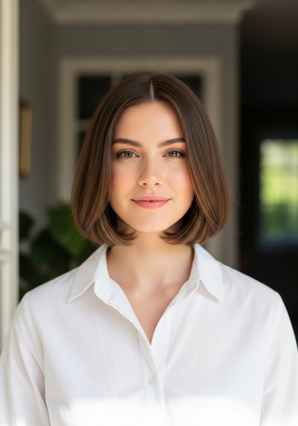 Center Part Glass-Smooth Pageboy Bob Hairstyle