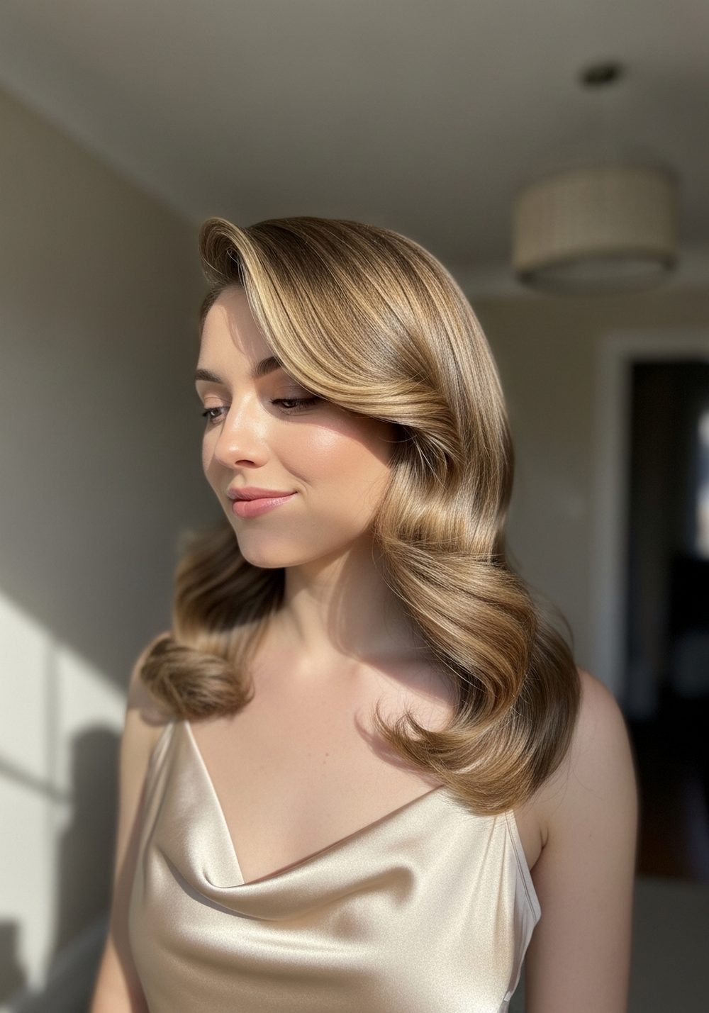 Champagne Side-Part Old Hollywood Blowout Hairstyle