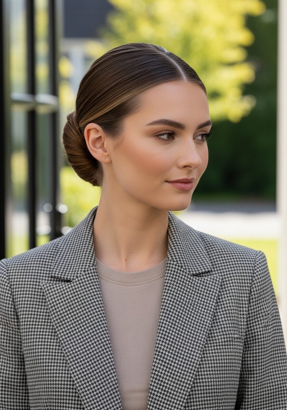 Checked Blazer Soft Finish Sleek Low Bun Hairstyle