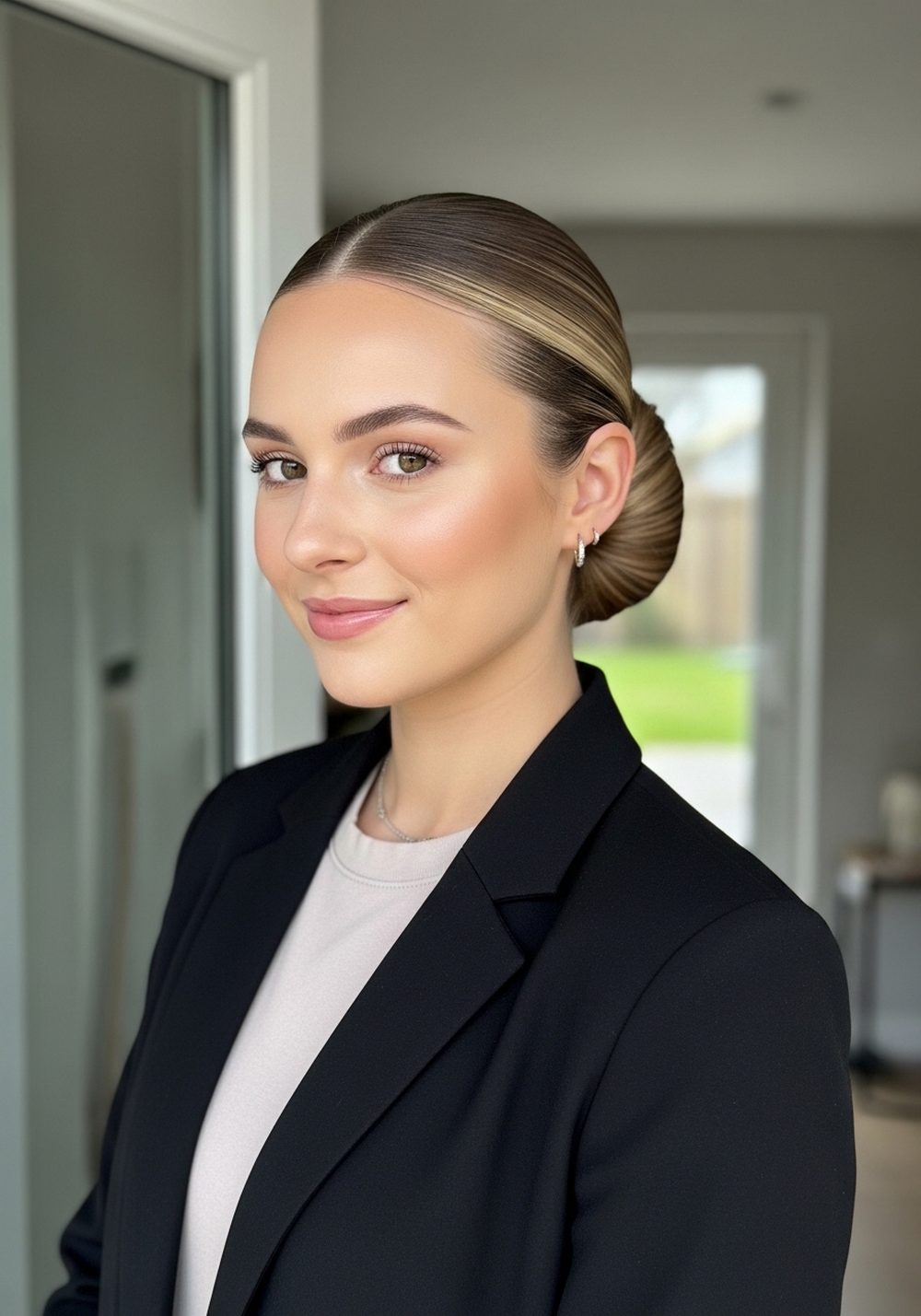 Classic Black Blazer Sleek Low Bun Hairstyle