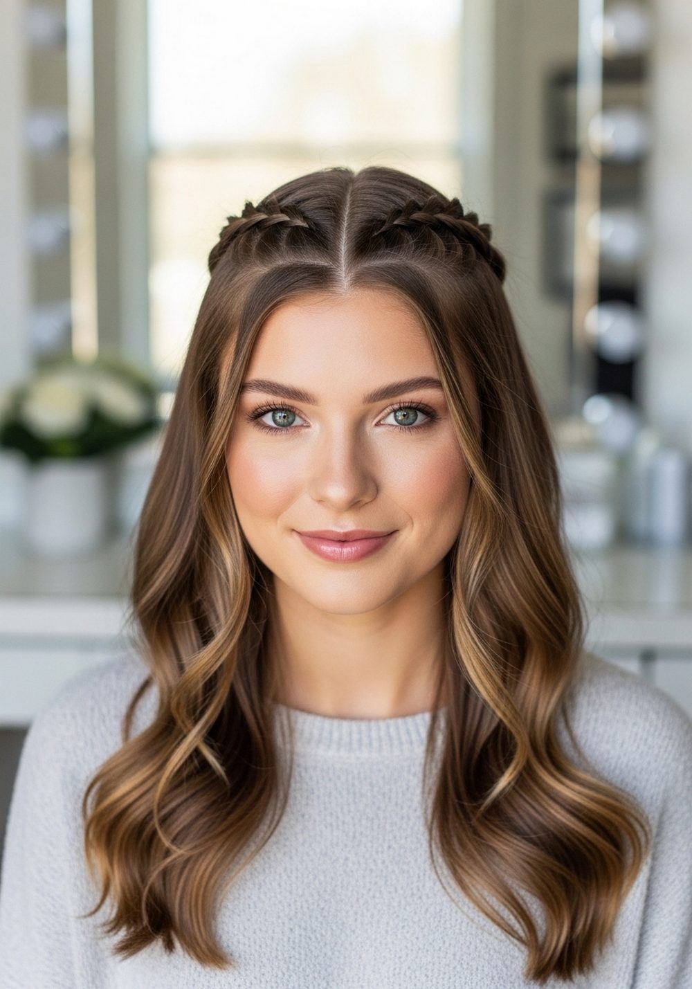 Classic Center-Part Braided Half-Up Waves Hairstyle