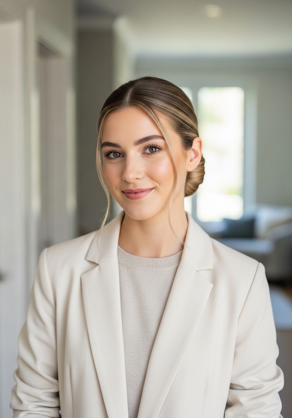 Cream Blazer Monochrome Sleek Low Bun Hairstyle