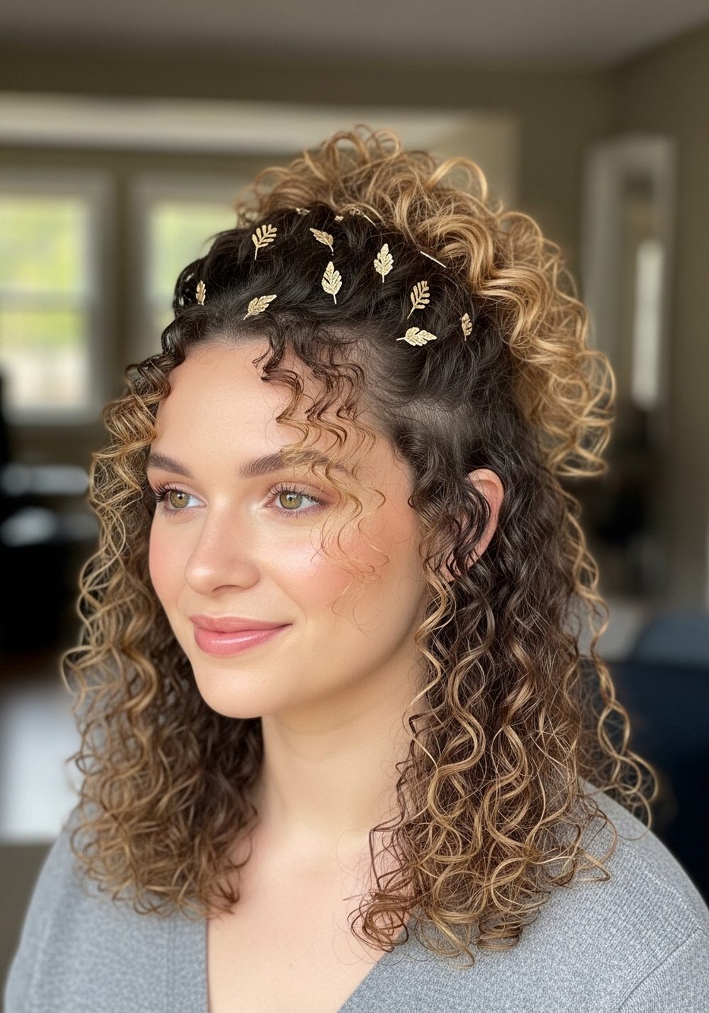 Curly Half-Up With Gold Leaf Pins Hairstyle