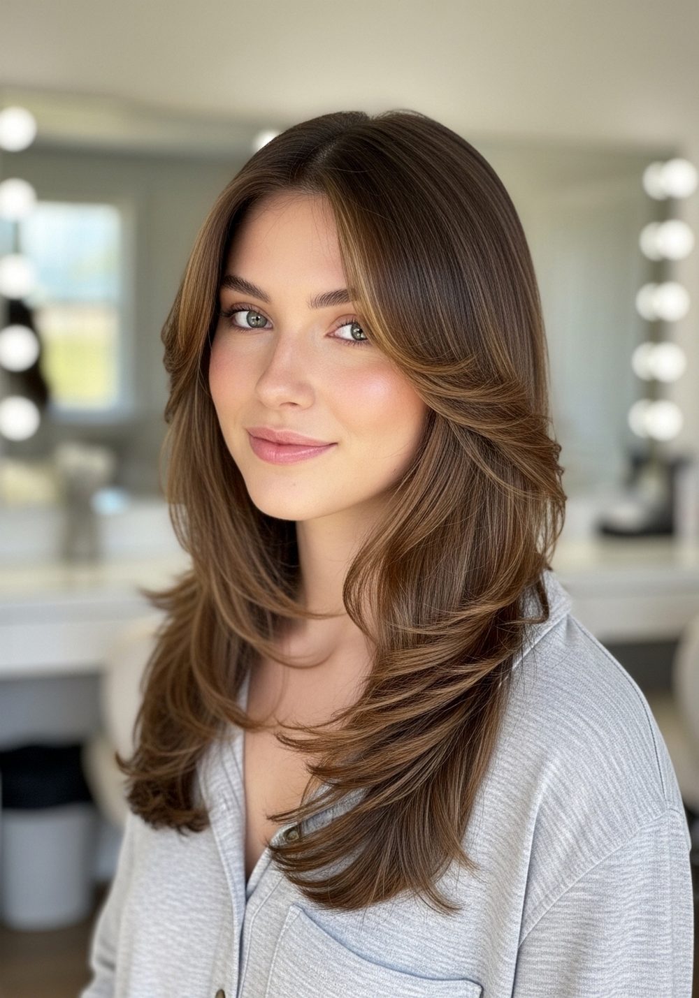 Curtain-Part Soft Crimped Long Layers With Airy Bounce Hairstyle
