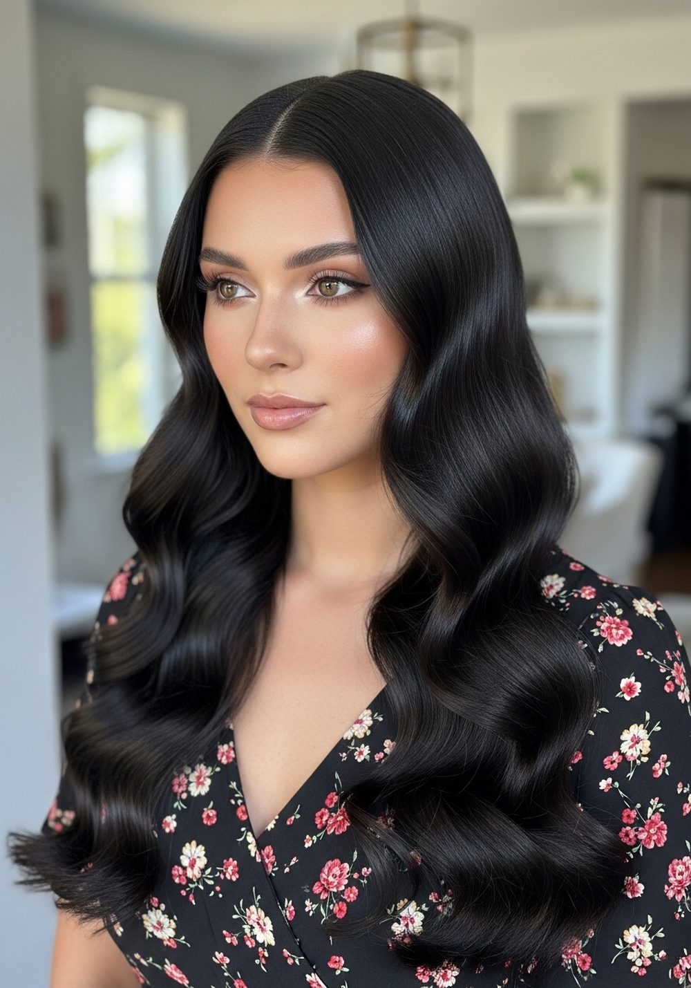 Dark Floral Dress Romantic Goth Waves Hairstyle