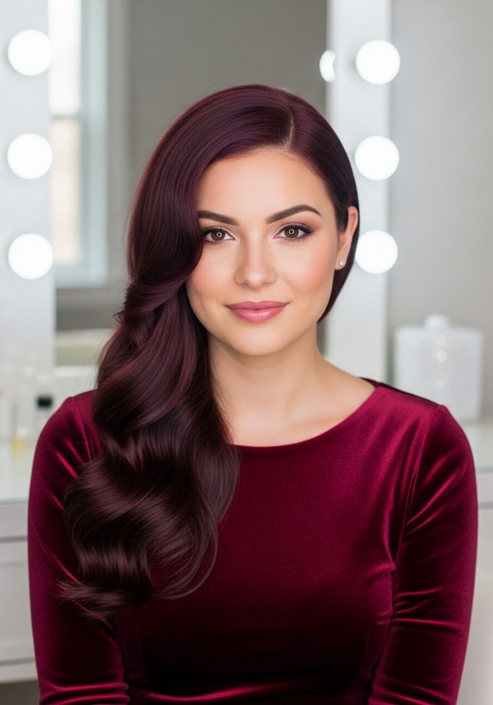 Deep Burgundy Side Part Angel Waves Hairstyle