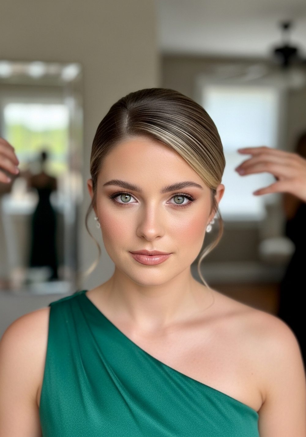 Deep Part Evening Gown Sleek Chignon Hairstyle