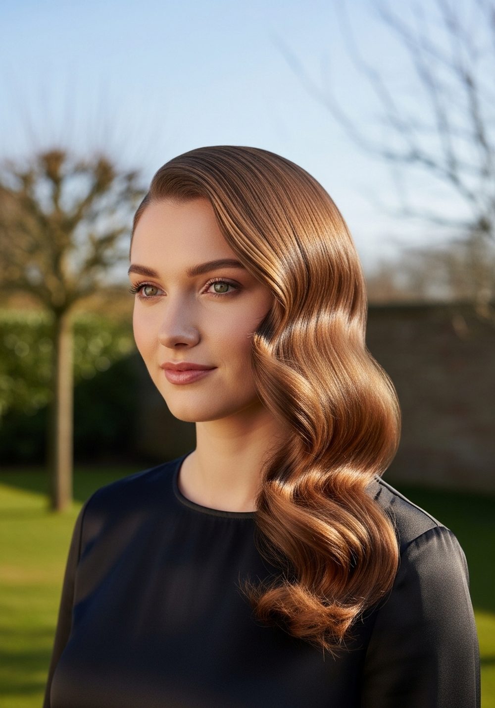 Deep Side-Part Hollywood Waves Hairstyle