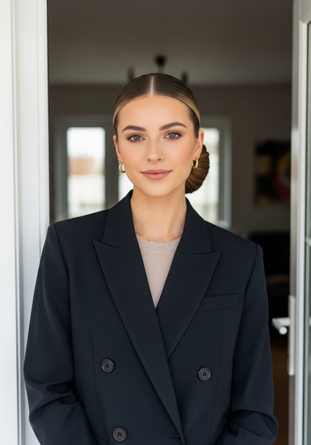 Double-Breasted Blazer Evening Sleek Low Bun Hairstyle