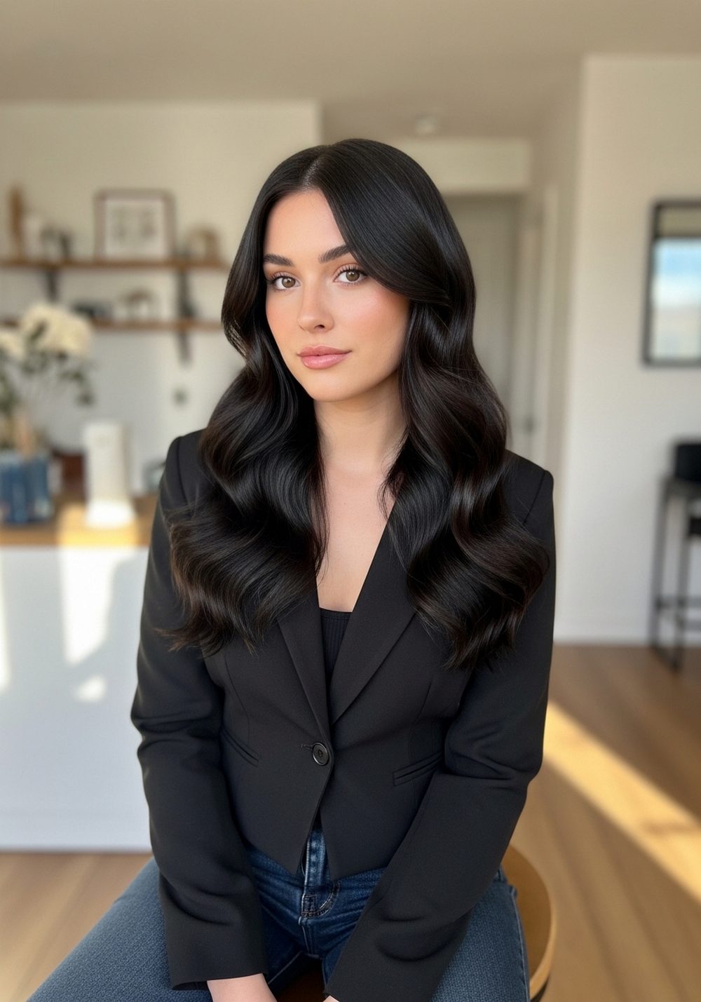 Fitted Blazer and Dark Jeans Romantic Goth Waves Hairstyle