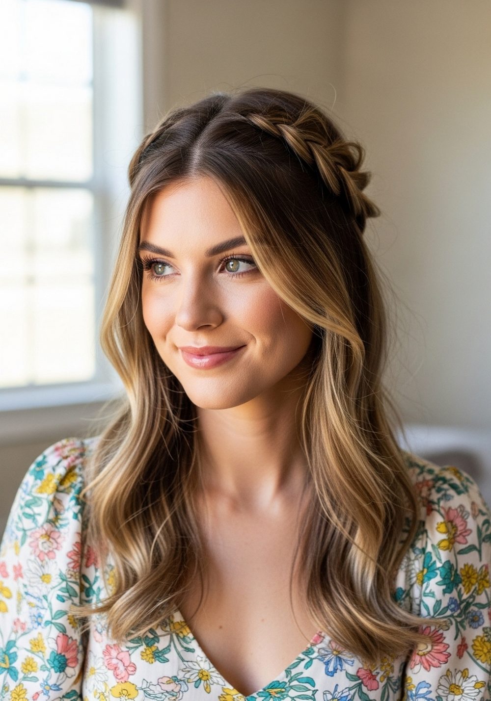 Floral Boho Maxi With Soft Loose Crown Braid Hairstyle