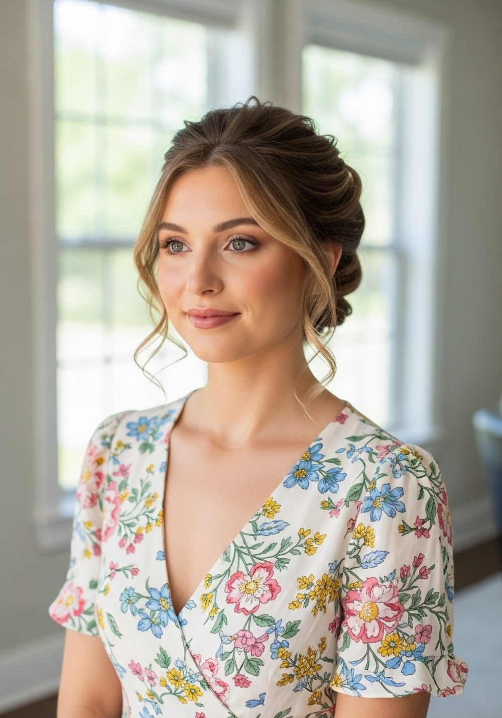 Floral Midi Dress With Loose Twisted Updo Hairstyle