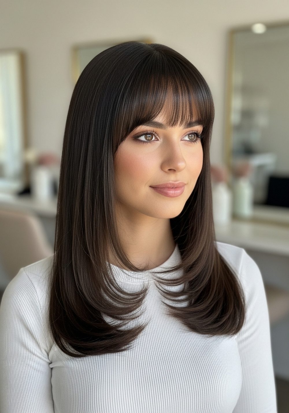 Glossy U-Bangs With Smooth Long Layer Hairstyle