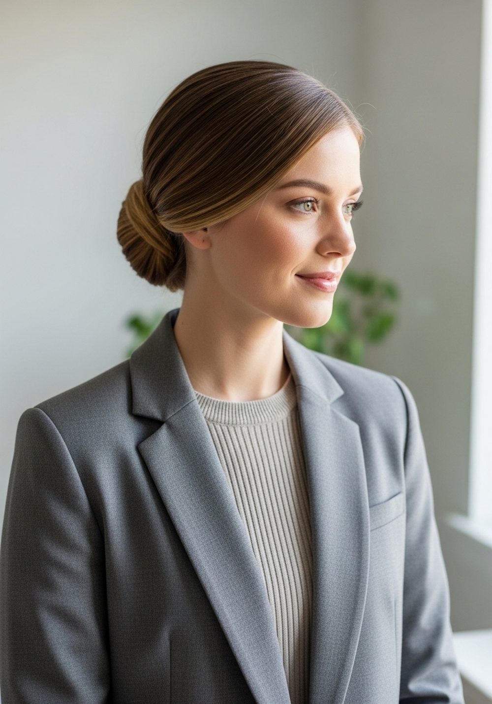 Gray Blazer Smart Casual Sleek Low Bun Hairstyle