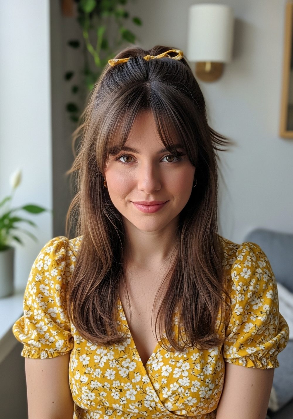Half-Up Ribbon Finish With Soft Curtain Bangs Hairstyle