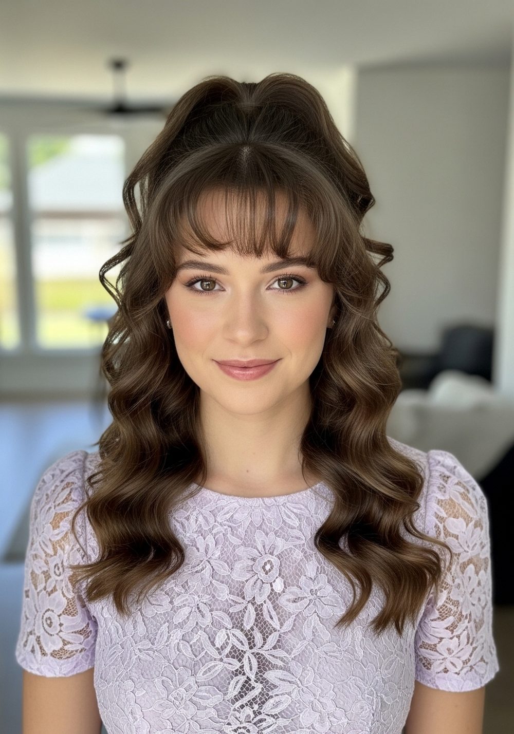 Half-Up Ribbon Wave Curly Fringe Hairstyle