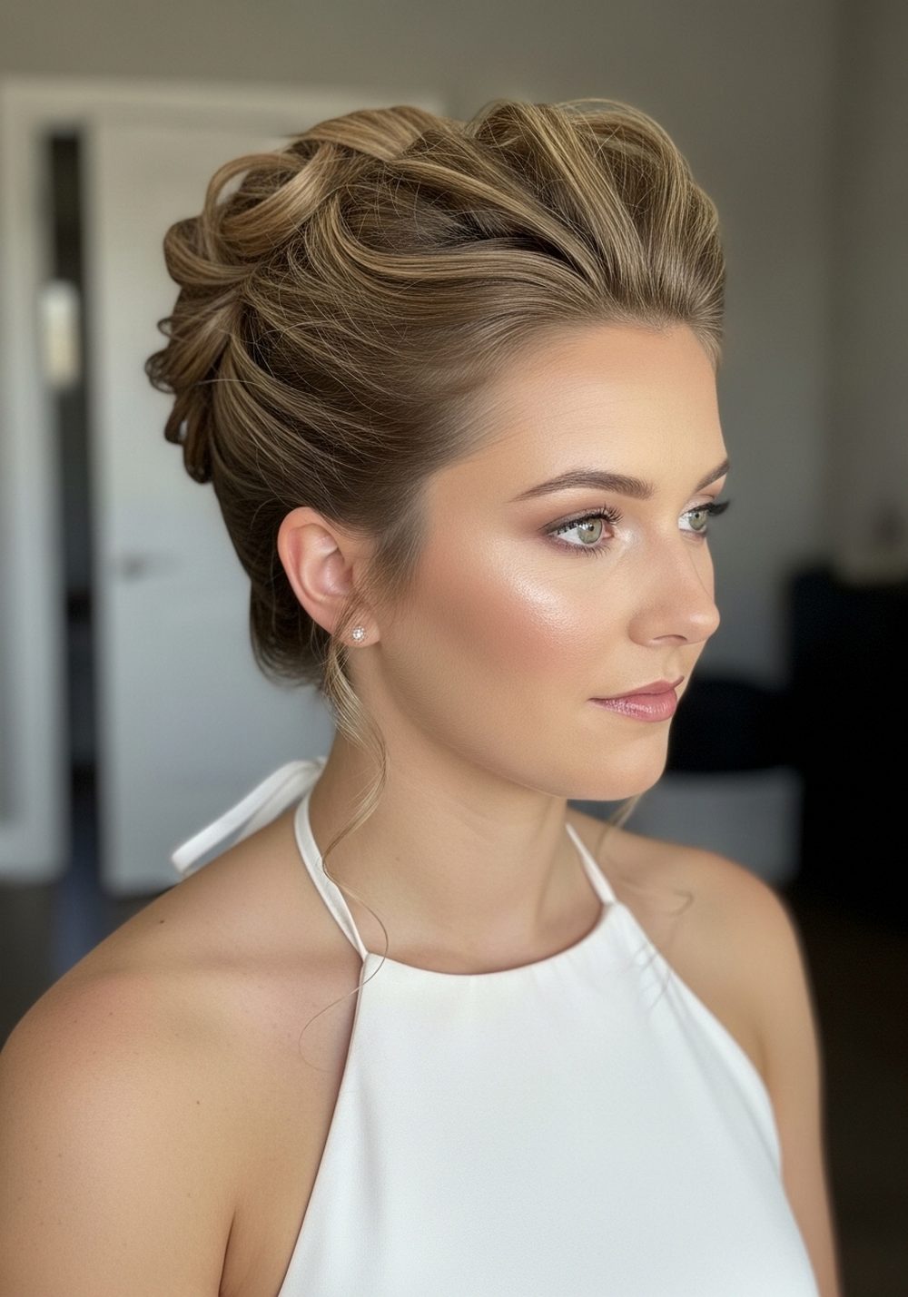 Halter Dress With Wispy High Updo Hairstyle