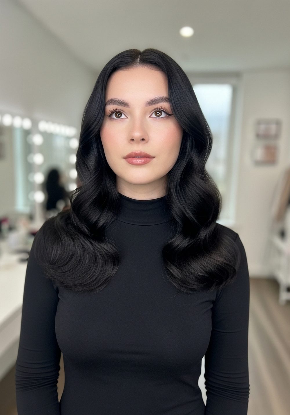High-Neck Midi Dress Romantic Goth Waves Hairstyle