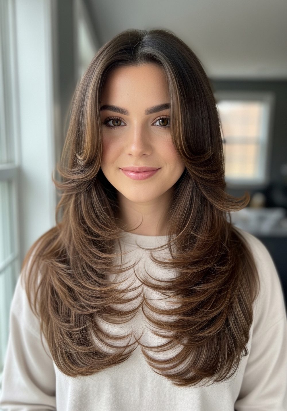 Honey Toffee Layered Brunette Hairstyle