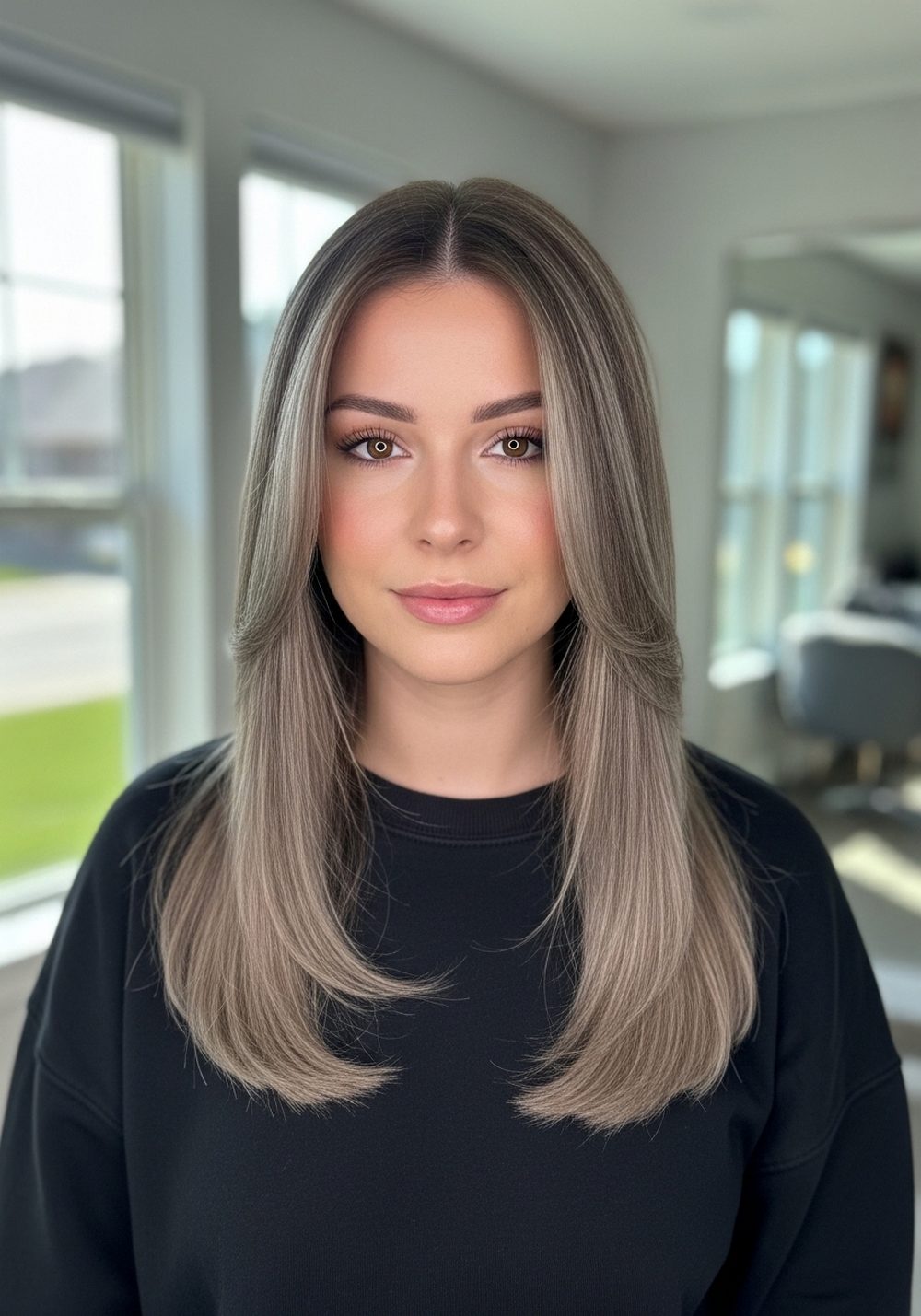Icy Ash Brown Straight Finish Hairstyle