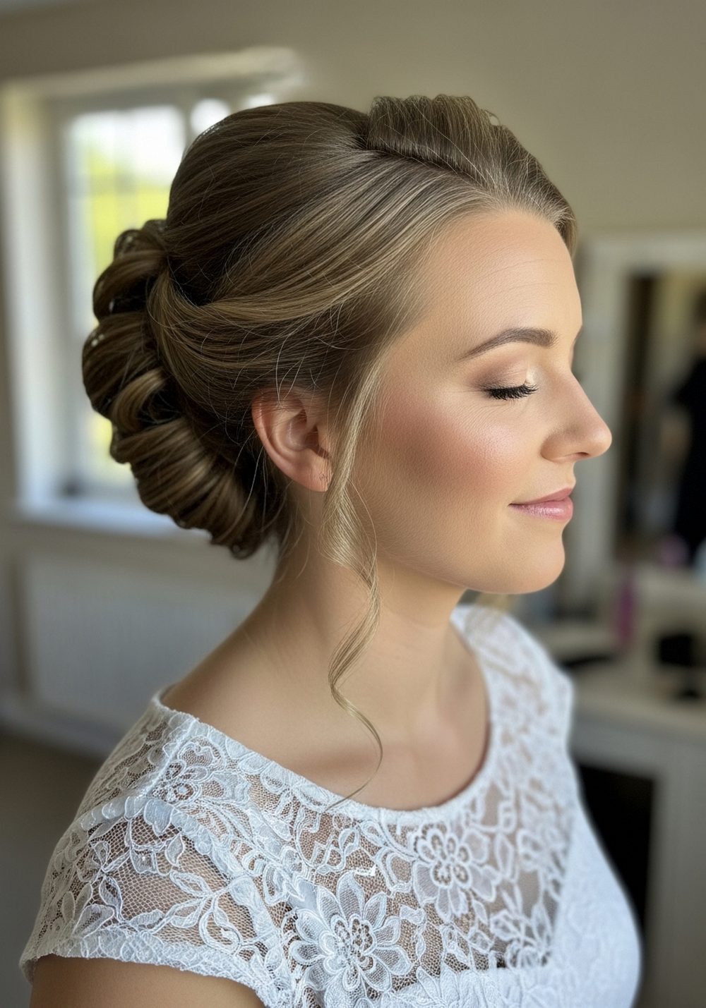Lace Detail Dress With Loose Volume Updo Hairstyle