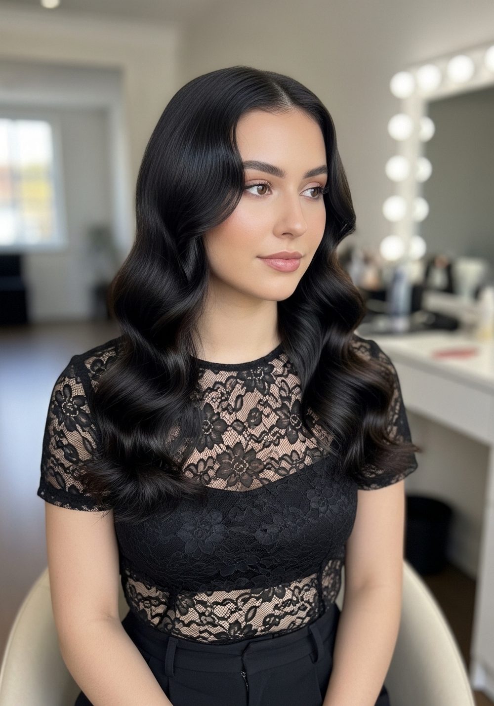 Lace Top and Black Trousers Romantic Goth Waves Hairstyle
