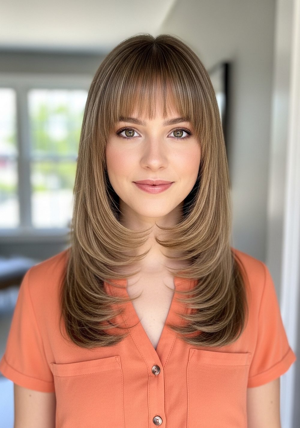 Light U-Bangs With Flipped-End Long Layer Hairstyle