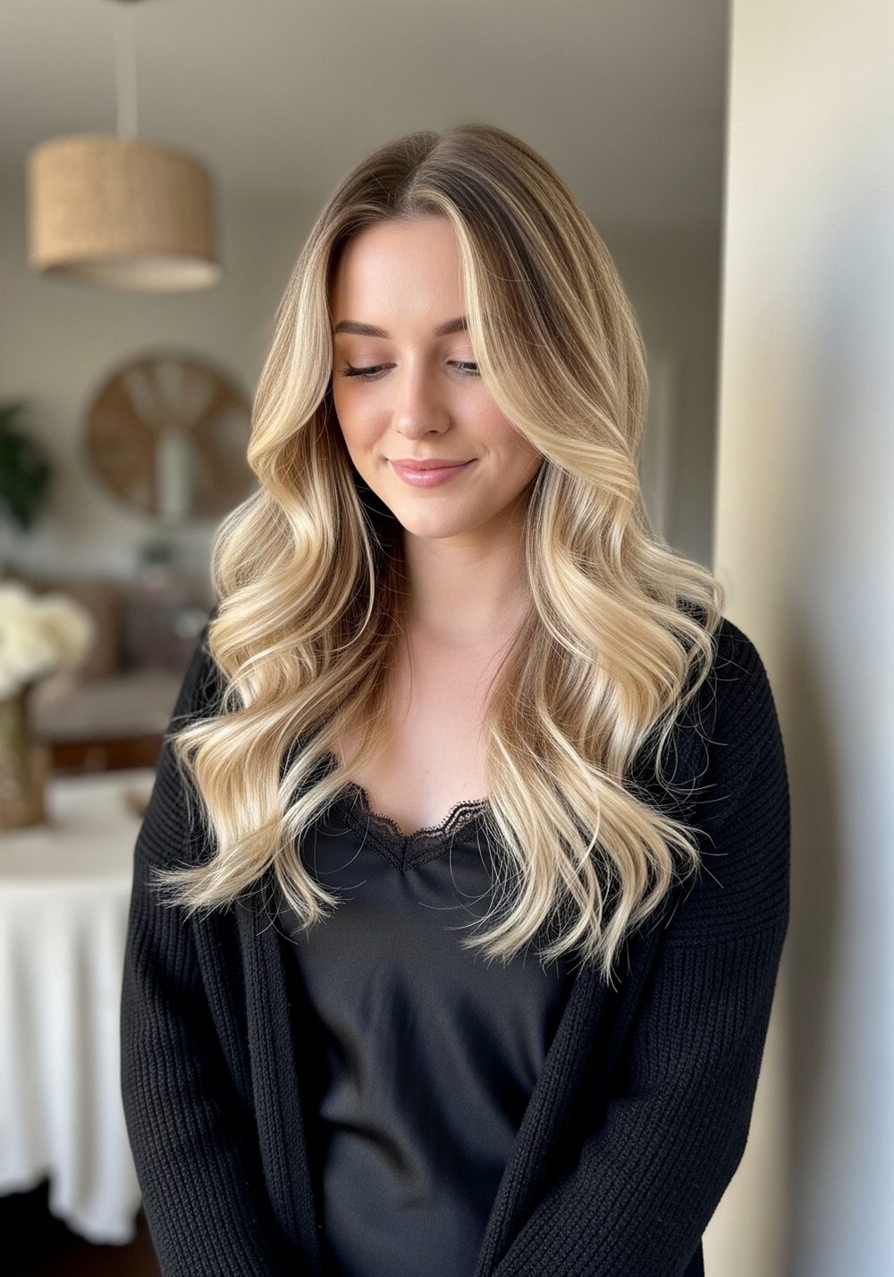 Long Black Cardigan and Slip Dress Romantic Goth Waves Hairstyle