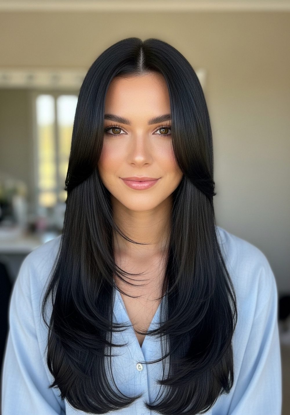 Long Matte Black Curtain Layer Hairstyle