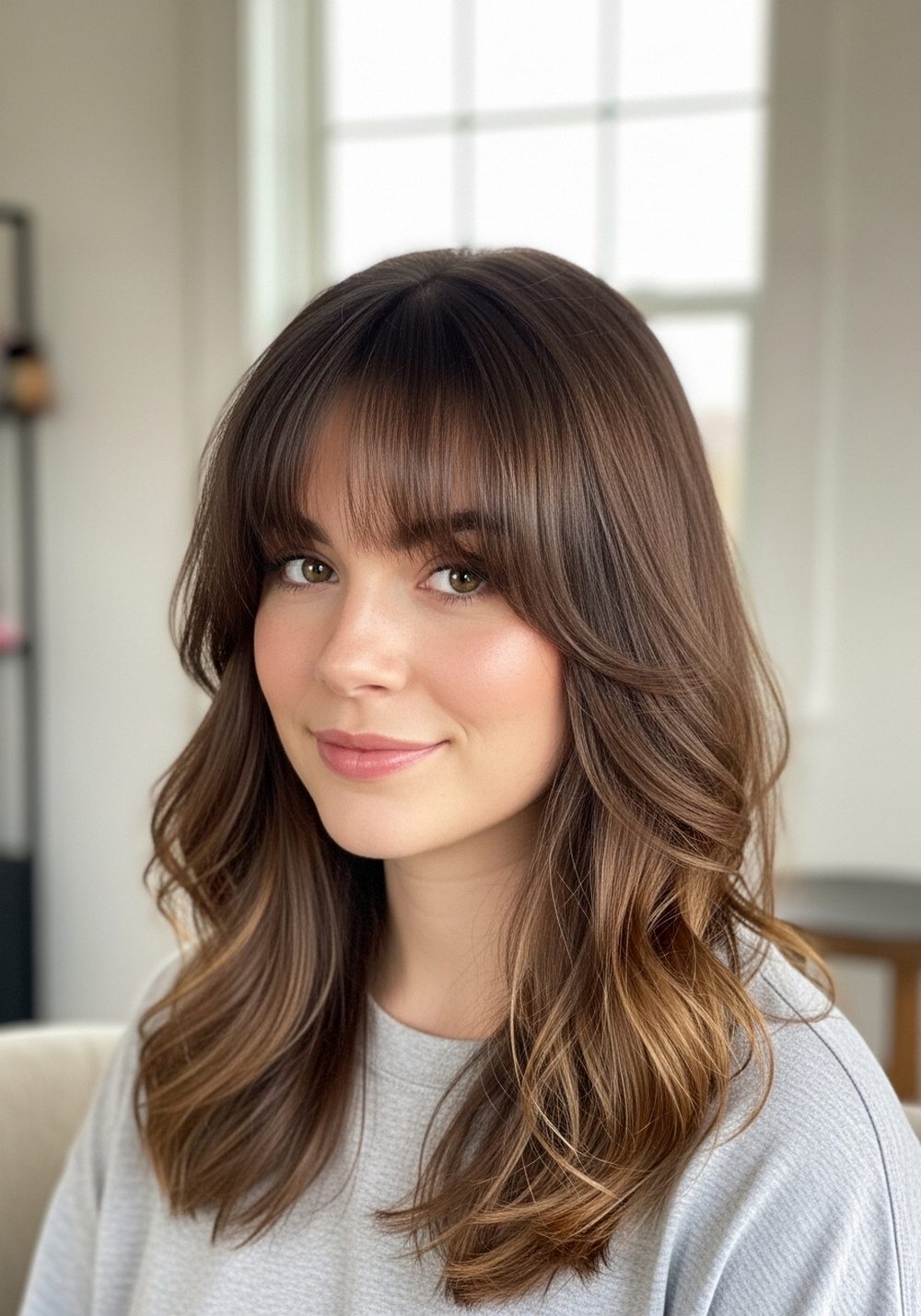 Loose Beachy Waves with Curtain Bangs Hairstyle
