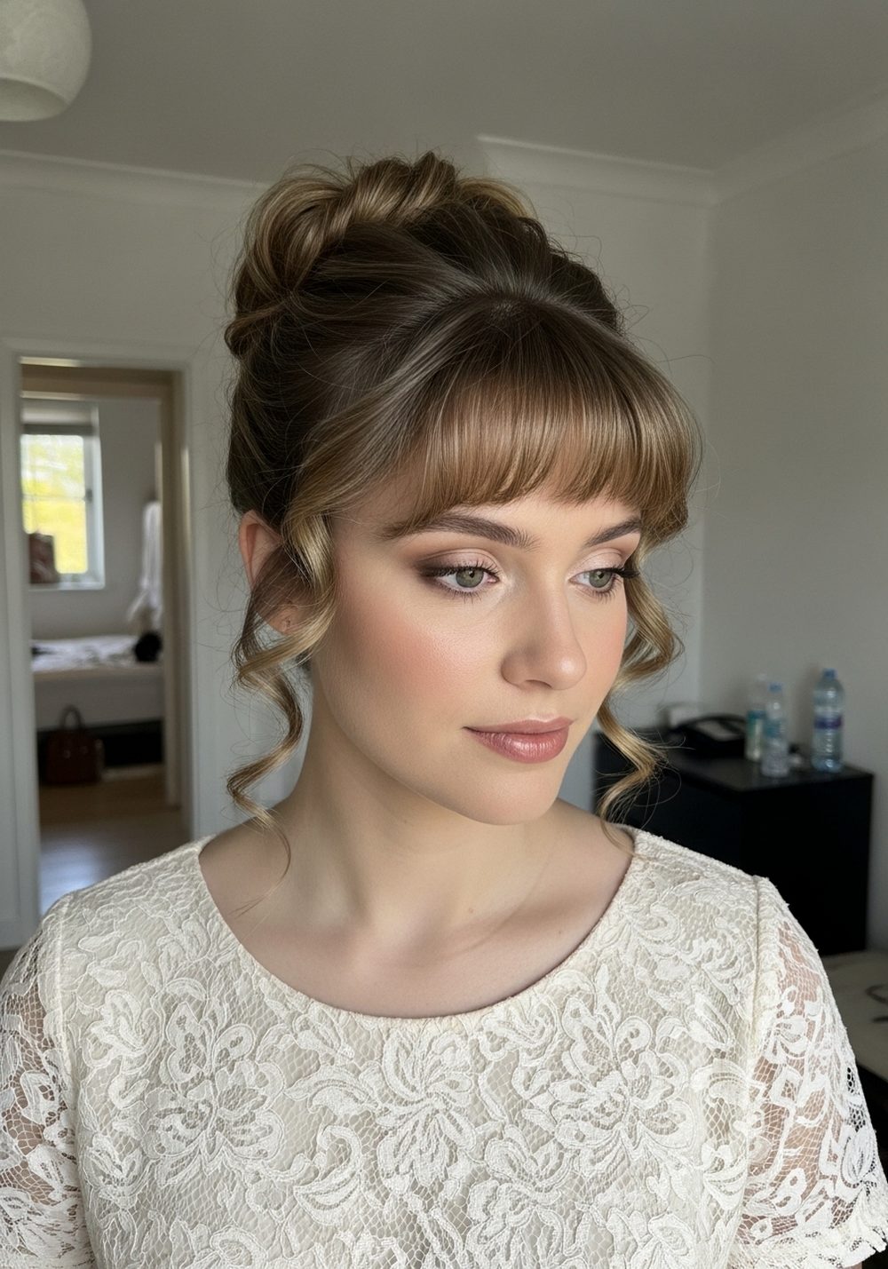 Loose Bun With Curly Fringe Hairstyle