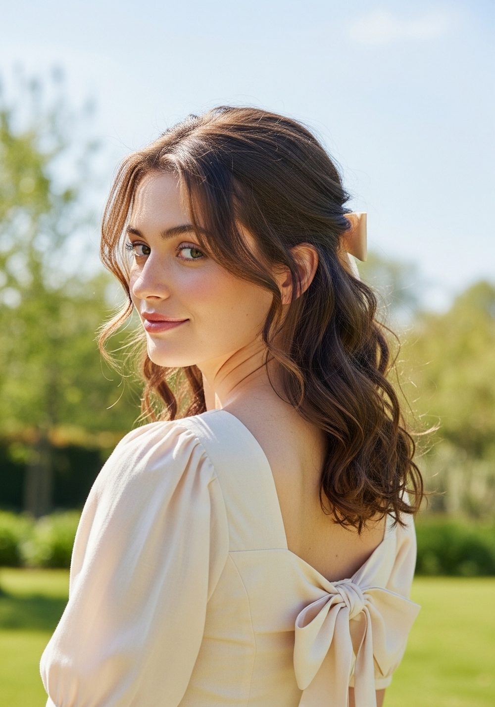 Loose Curled Ribbon Bow Half-Up Hairstyle