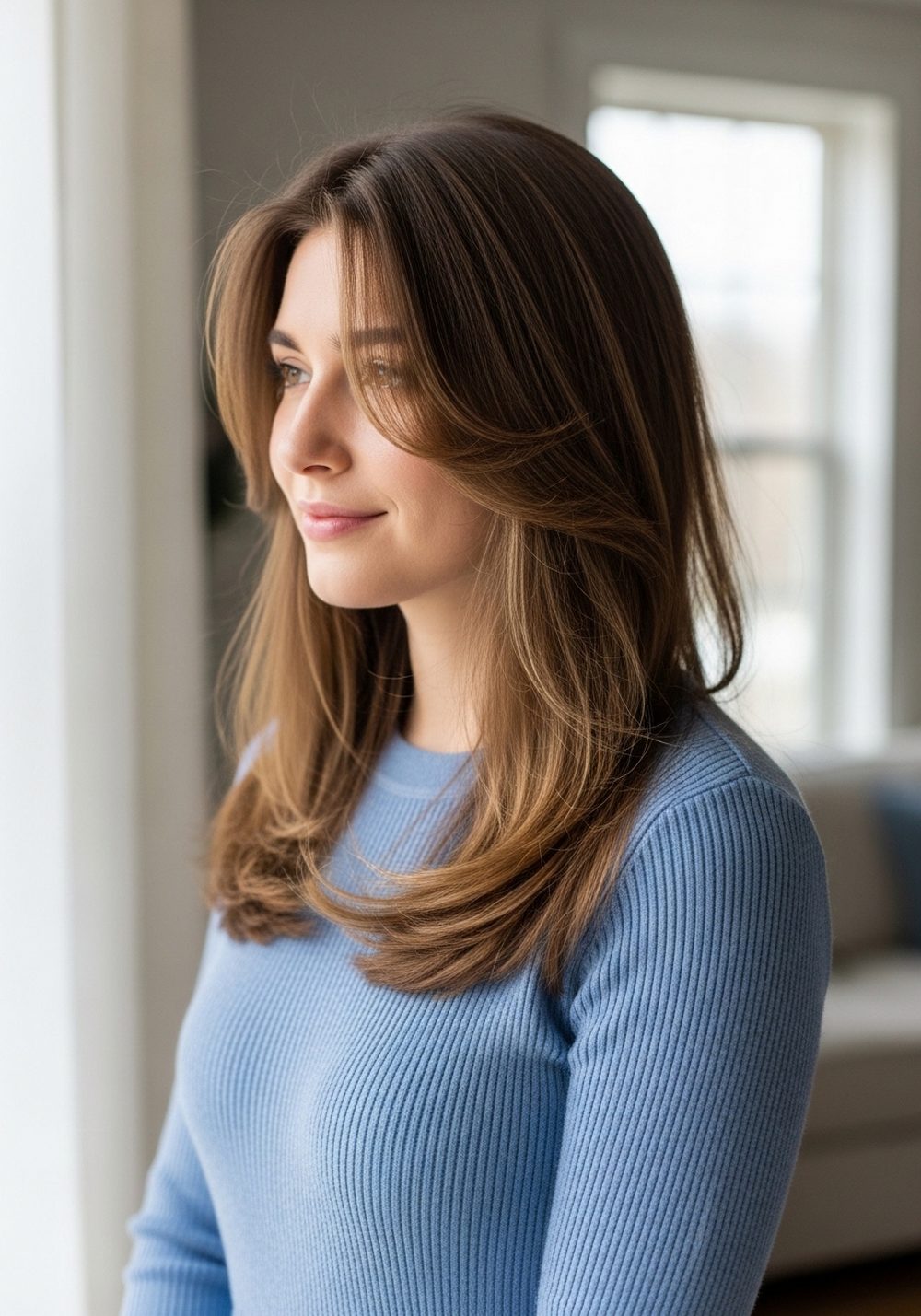 Loose Face-Framing Flow Airy Curtain Layers Hairstyle