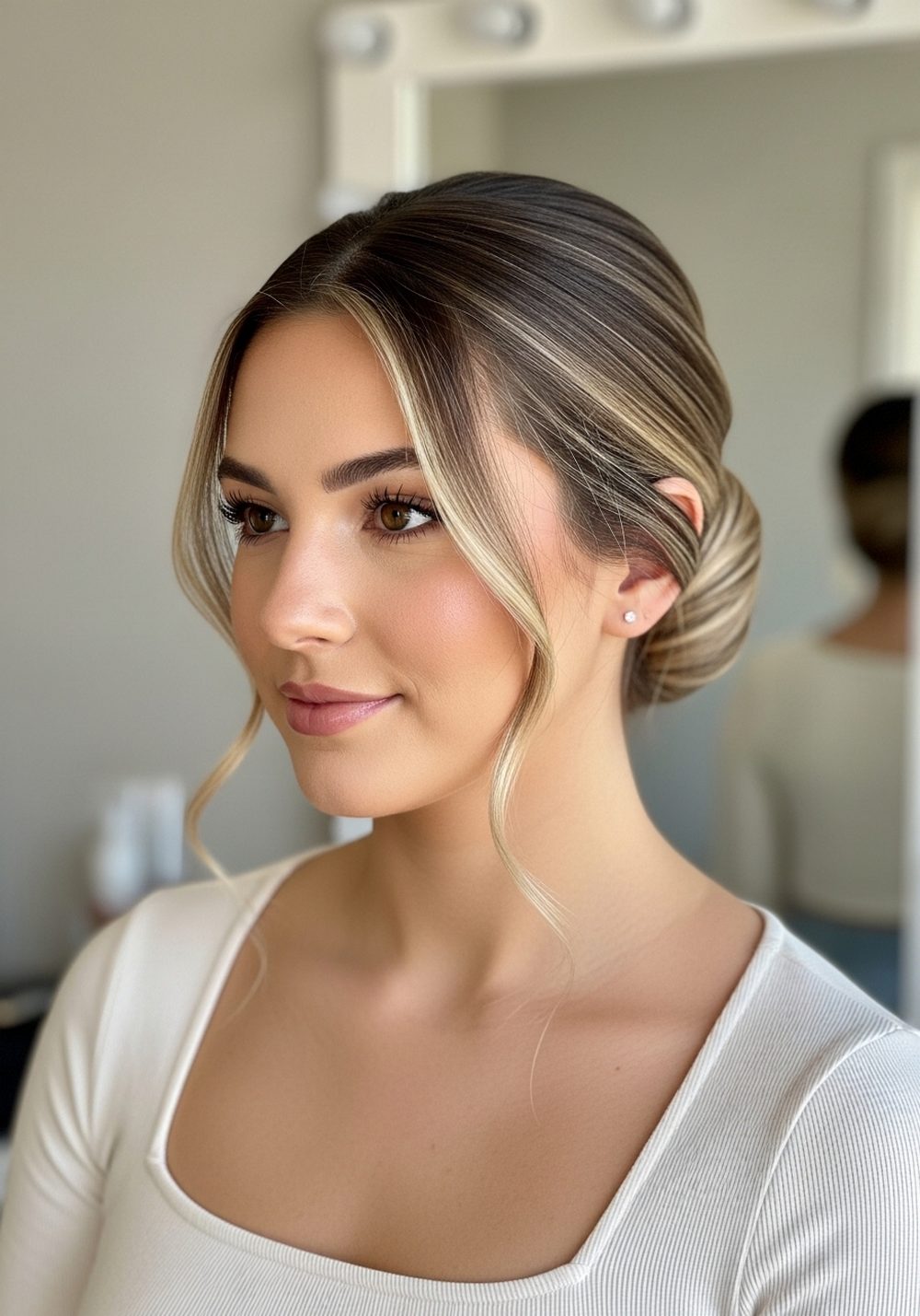 Low Bun With Soft Crown Lift Hairstyle