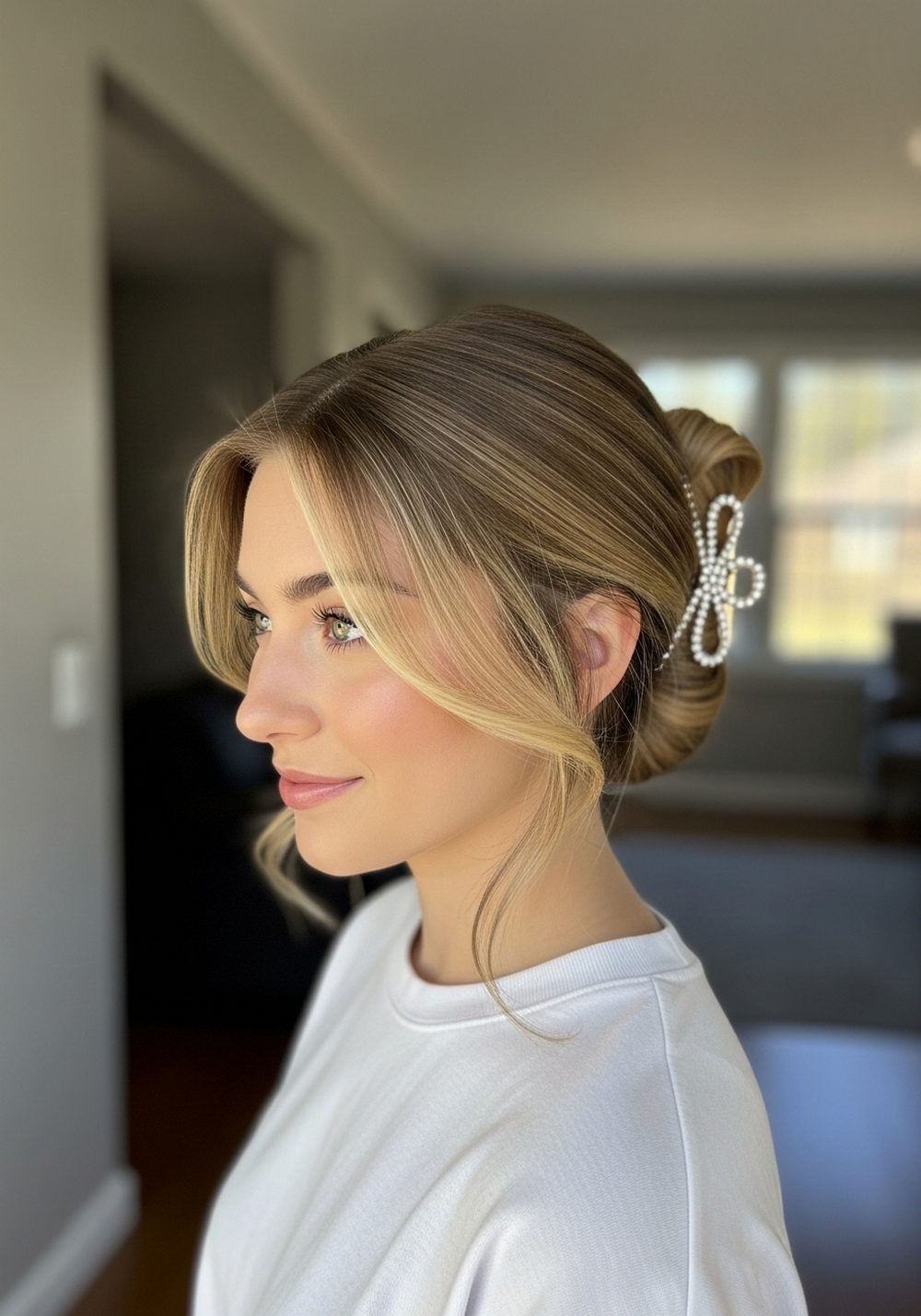 Low Half-Up Bow Clip Hairstyle