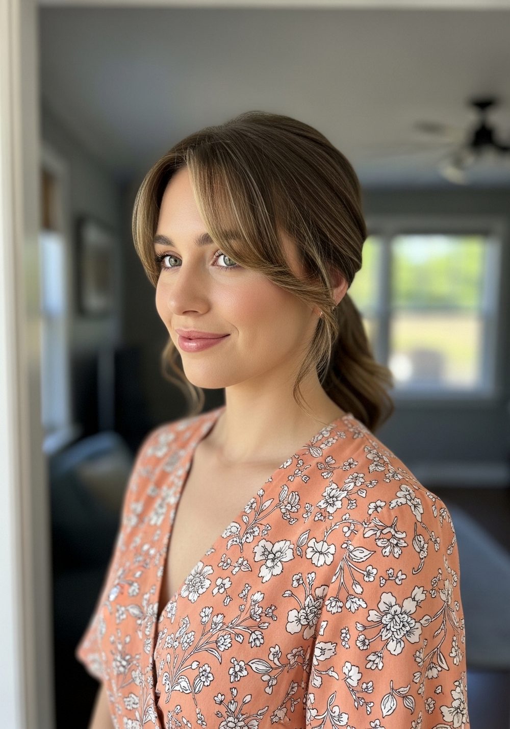 Low Ponytail With Soft Curtain Bangs Hairstyle