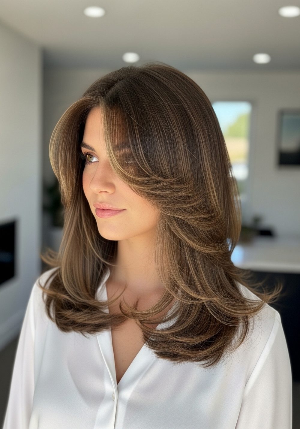 Medium Ash Brown Glossy Layers Hairstyle