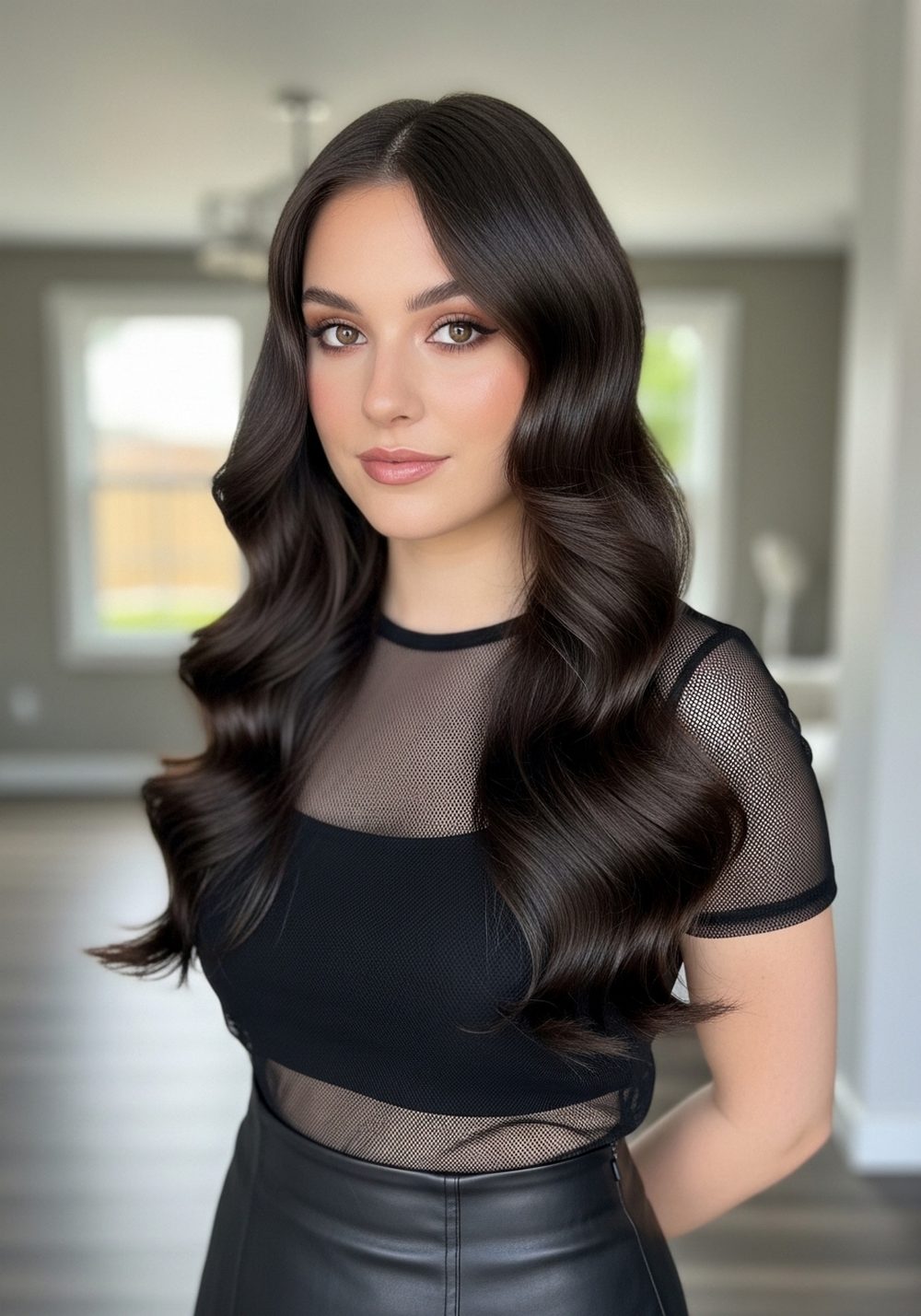 Mesh Top and Leather Skirt Romantic Goth Waves Hairstyle