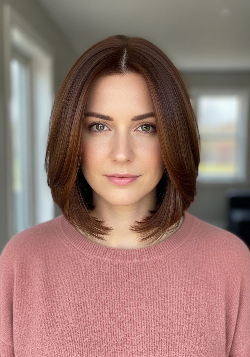 Muted Auburn Lob Shine Hairstyle