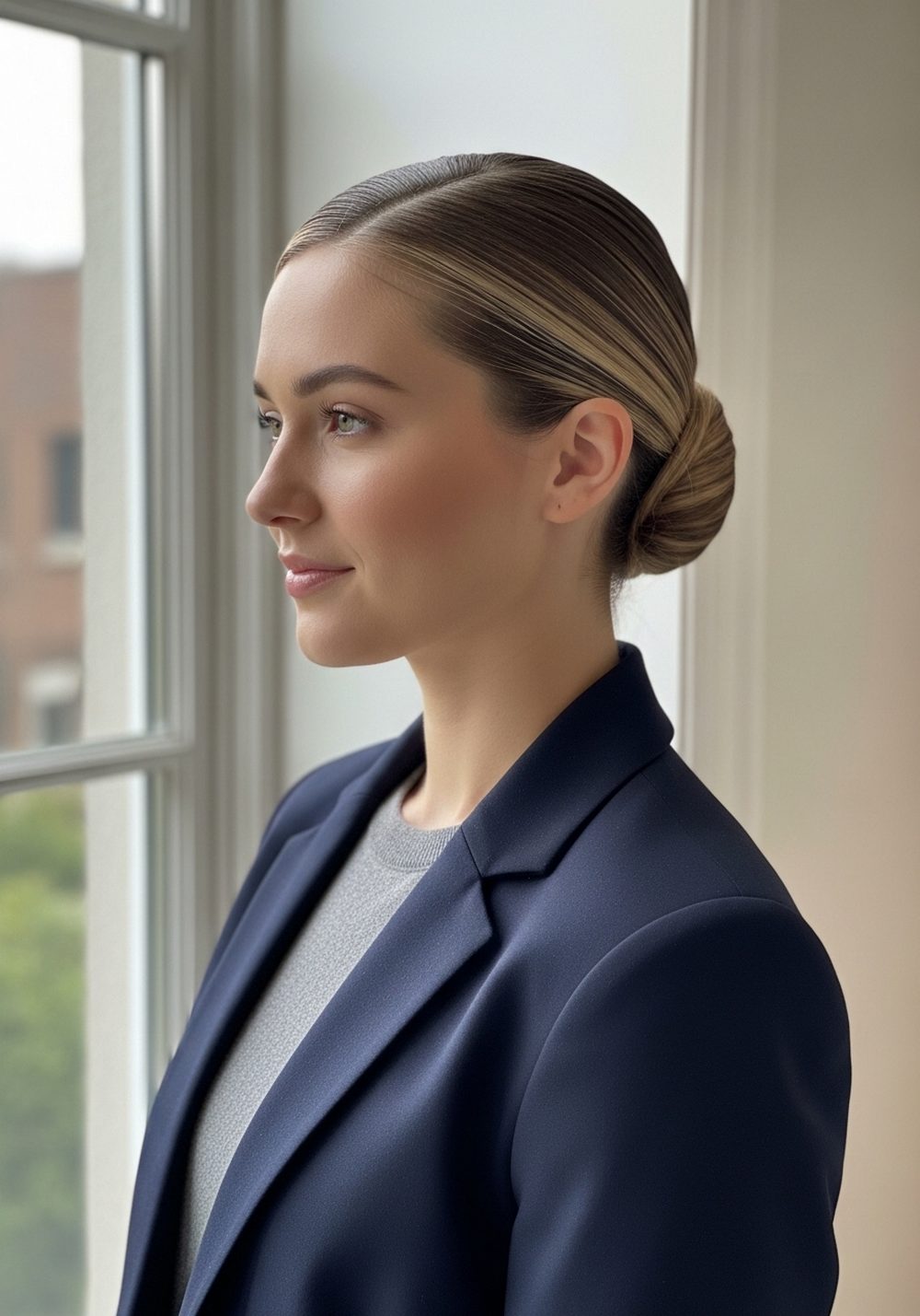 Navy Blazer Clean Side Part Sleek Low Bun Hairstyle