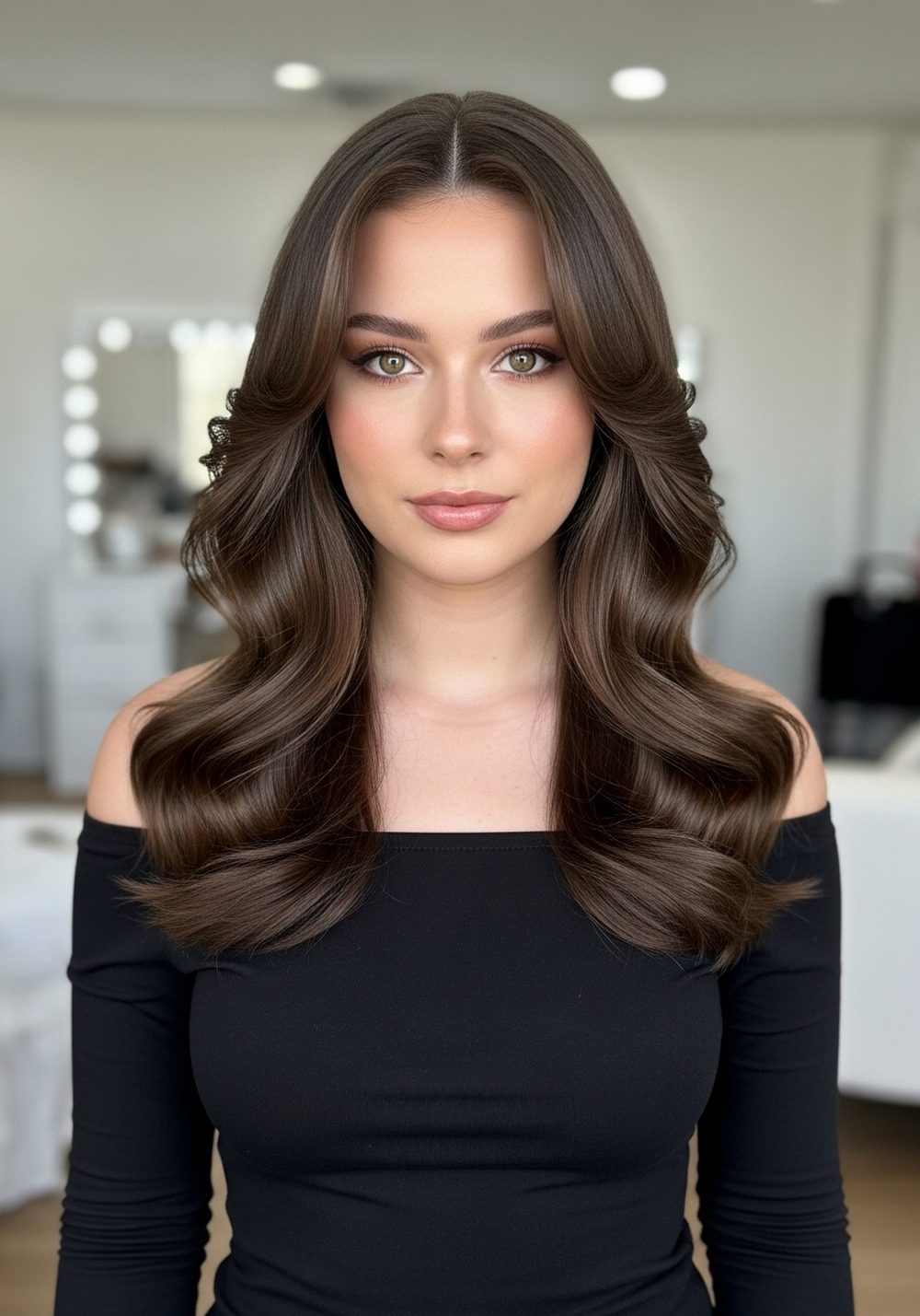 Off-Shoulder Black Dress Romantic Goth Waves Hairstyle
