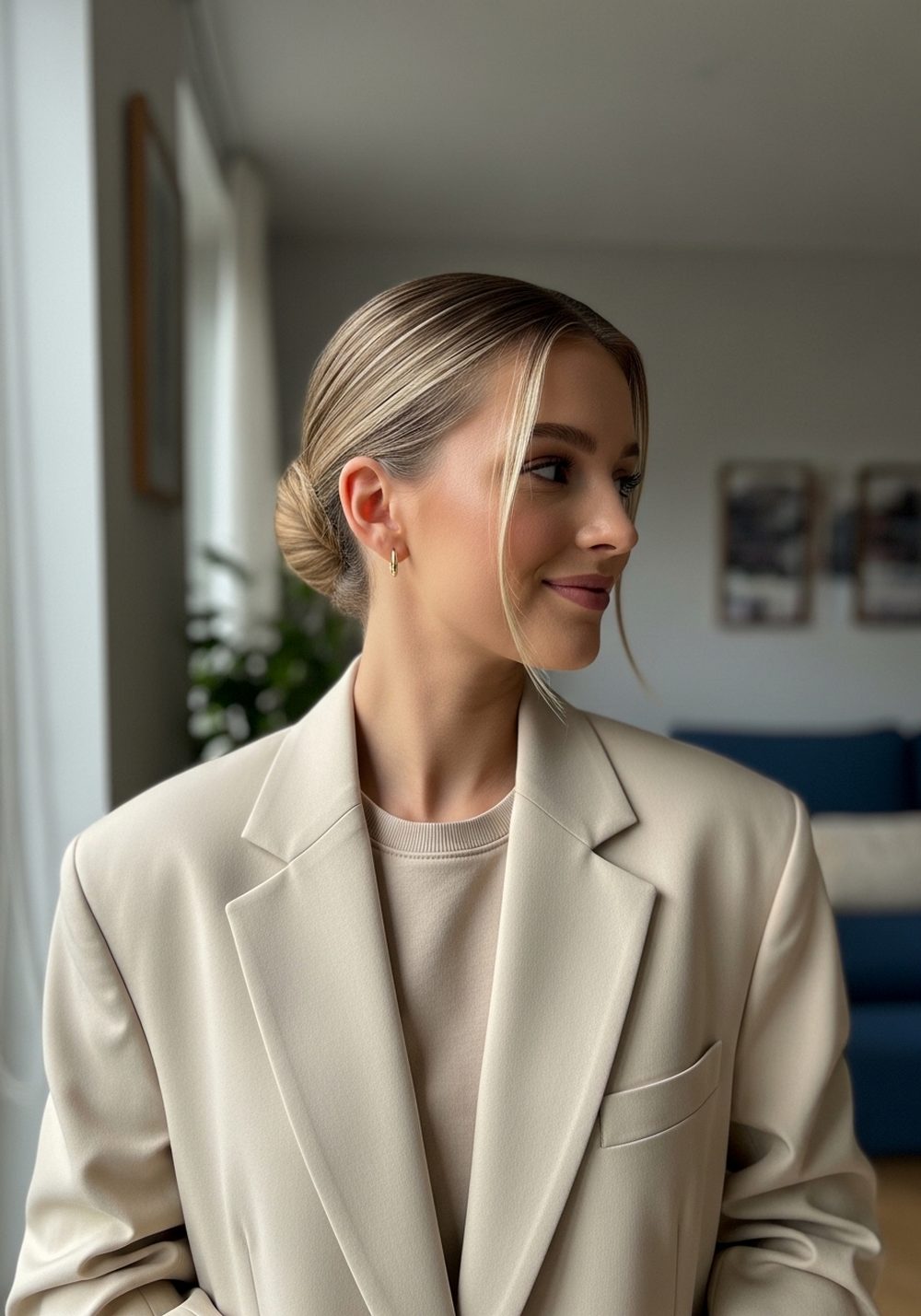 Oversized Beige Blazer Sleek Low Bun Hairstyle