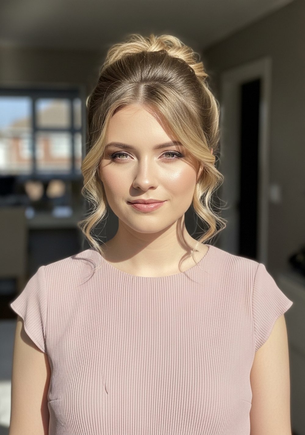 Pleated Maxi Dress With Face-Framing Updo Hairstyle