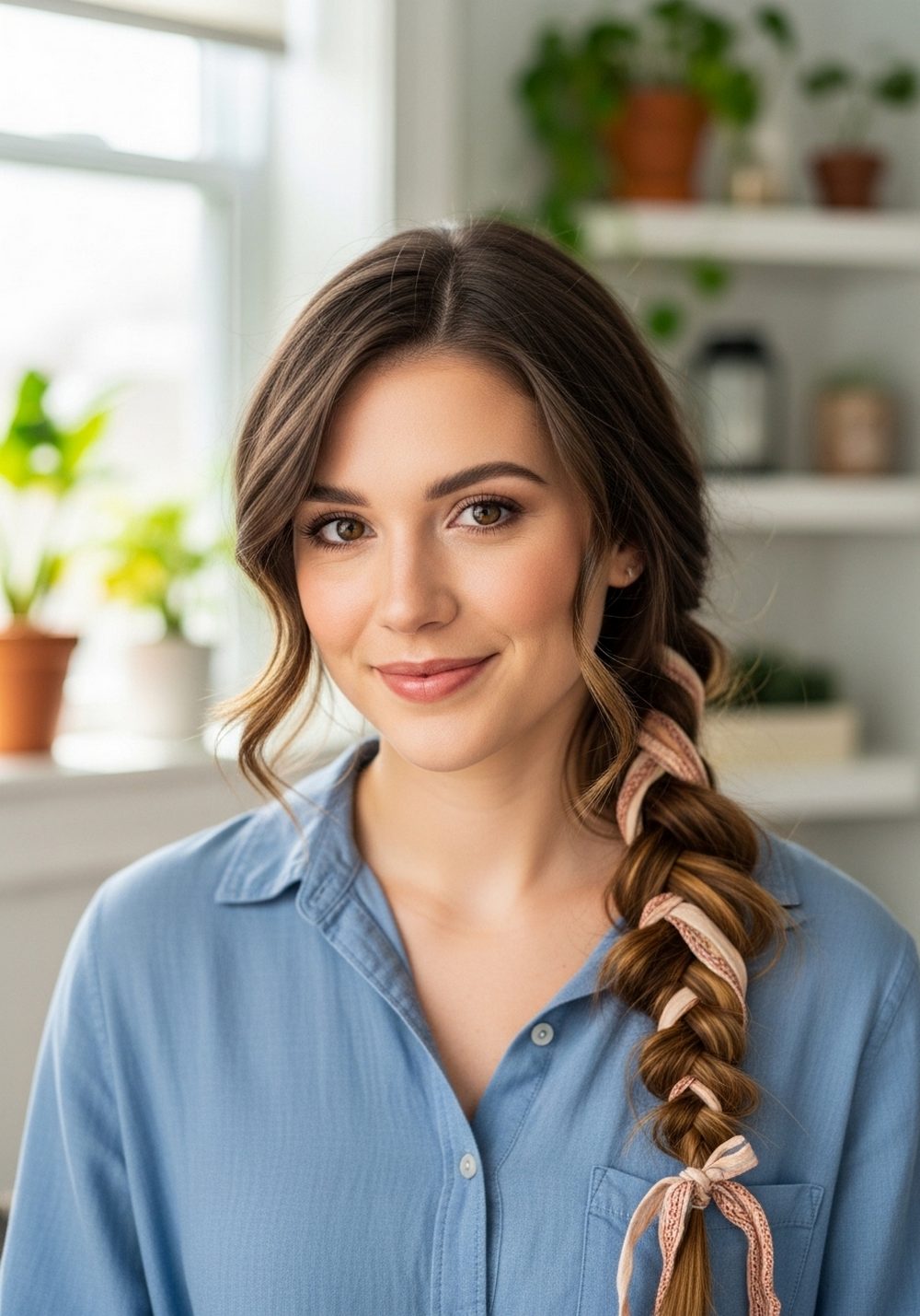Ribbon-Wrapped Side Fishtail Braid Hairstyle