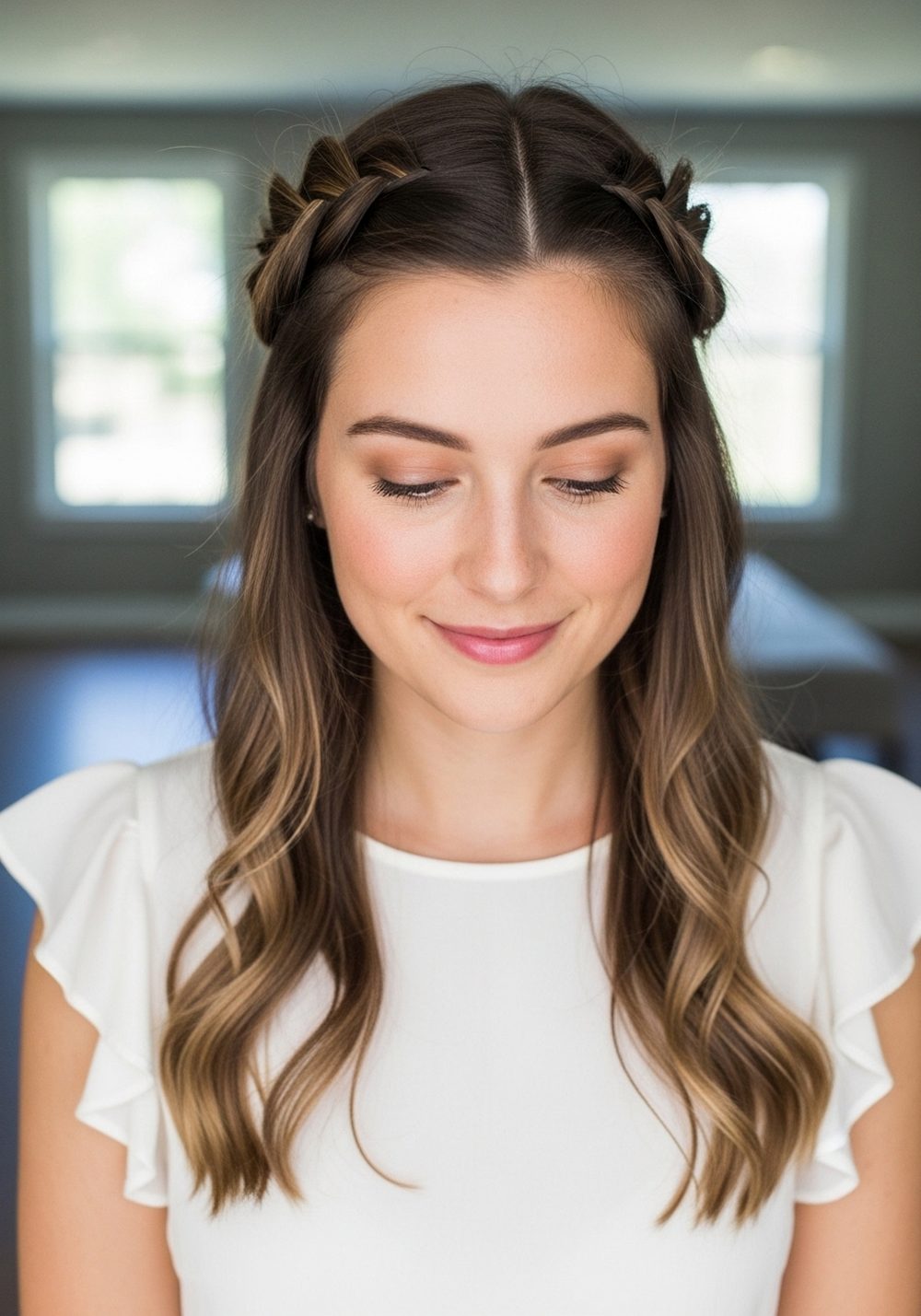 Ruffle Sleeve Maxi With Textured Loose Crown Braid Hairstyle