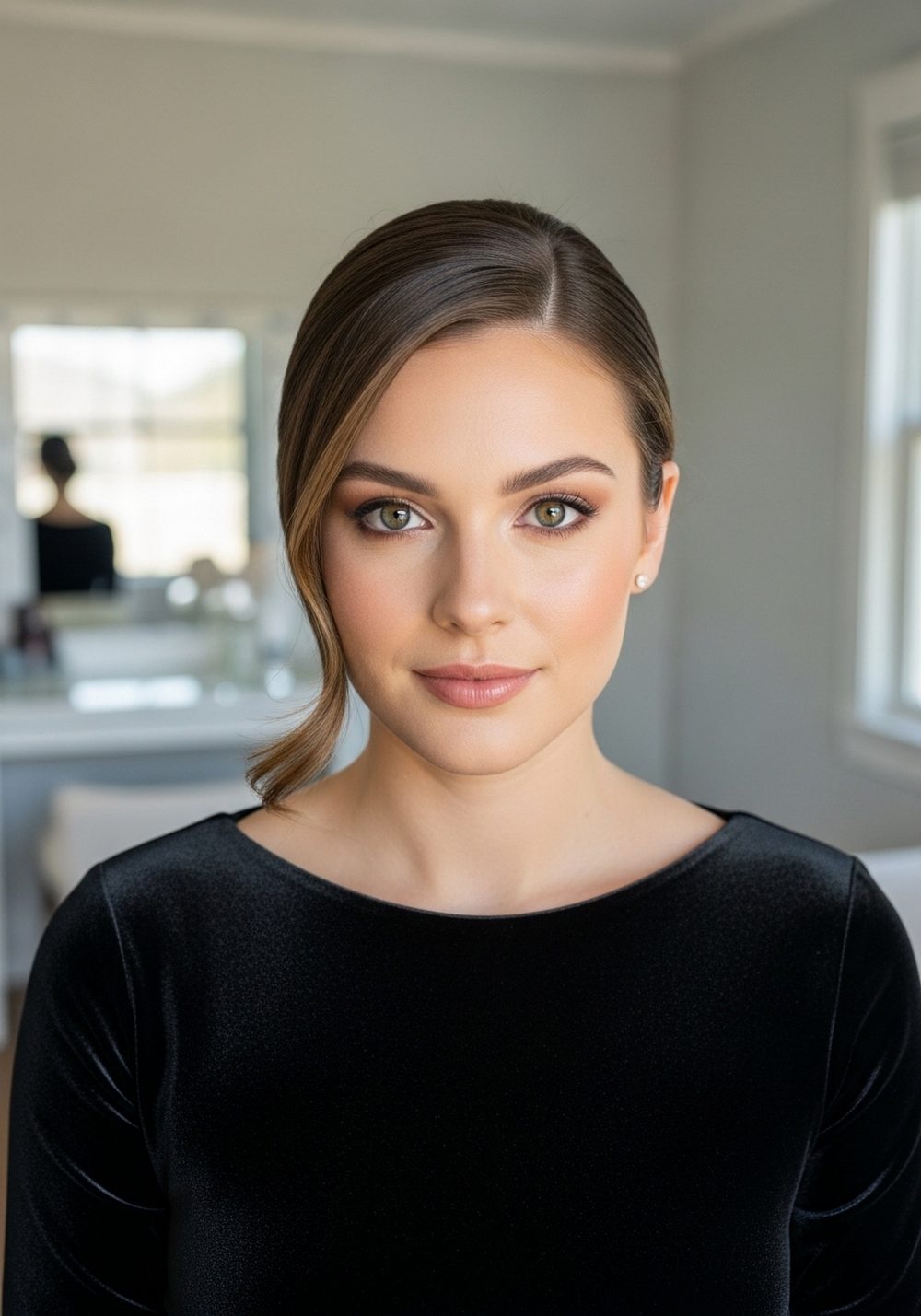 Side Part Velvet Gown Sleek Chignon Hairstyle