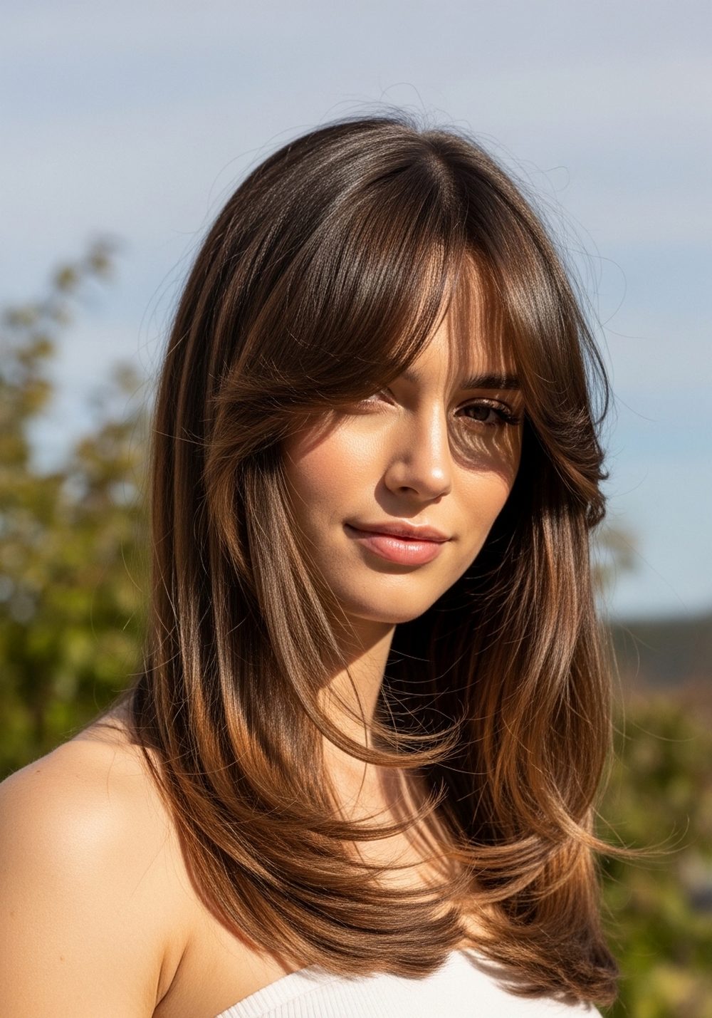 Side-Swept Butterfly Bangs With Long Layers Hairstyle