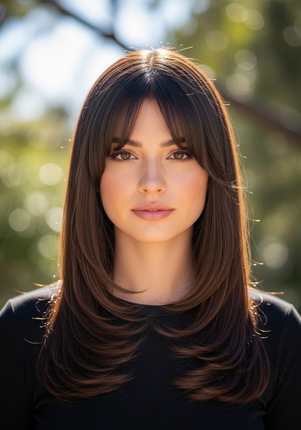 Sleek Butterfly Bangs With Long Smooth Layers Hairstyle