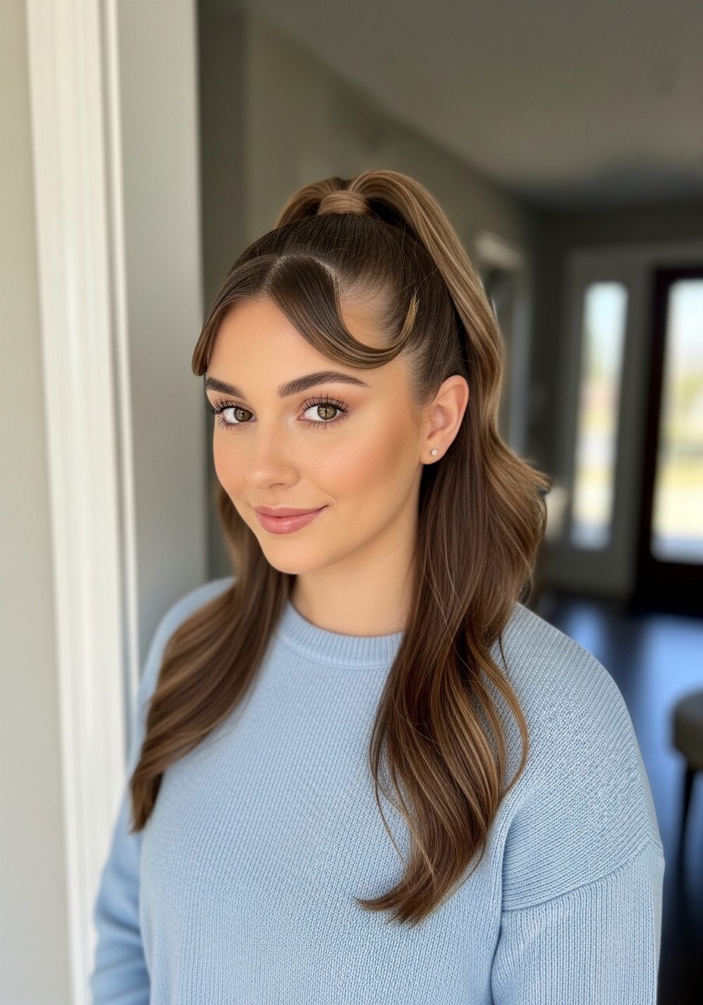 Sleek Double Swoop Mid Ponytail Hairstyle