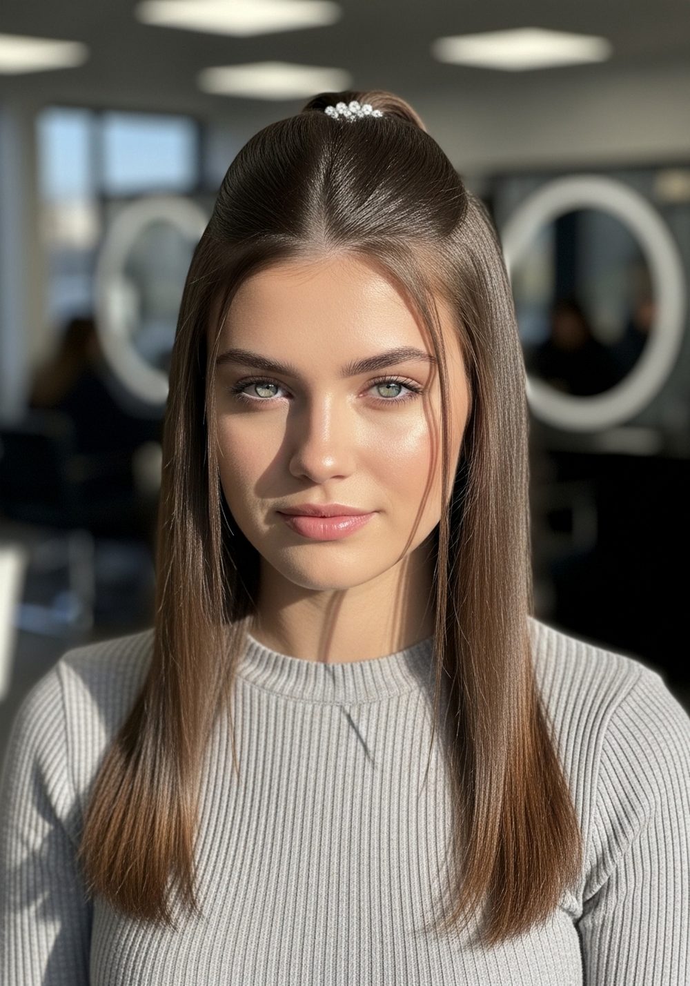 Sleek Half-Up With Gem Center Clip Hairstyle